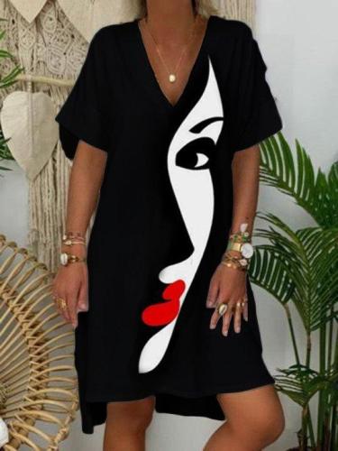 Black Casual Abstract Printed V Neck Short Sleeve Dresses