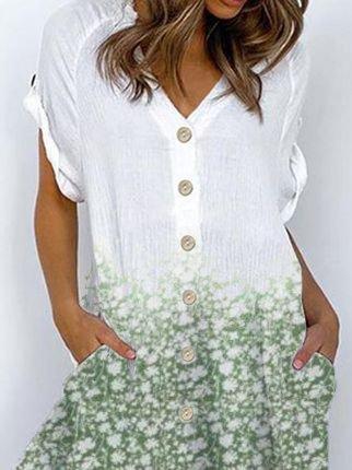Green Short Sleeve Cotton Floral-Print Floral Dresses
