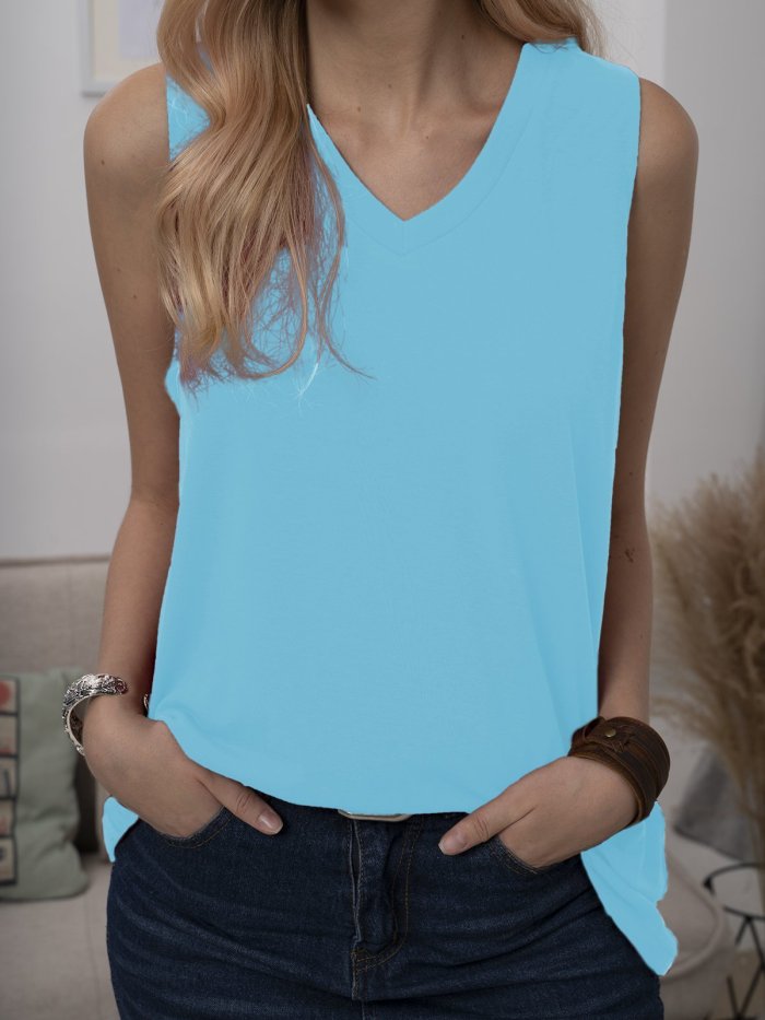 Solid Casual Sleeveless Cotton-Blend Shirts & Tops