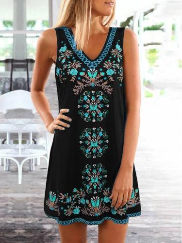 Black Floral Printed V Neck Sleeveless Holiday Casual Dresses