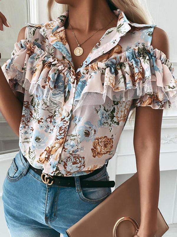 Fashion Women Turn down neck Ruffle off shoulder floral printed blouses