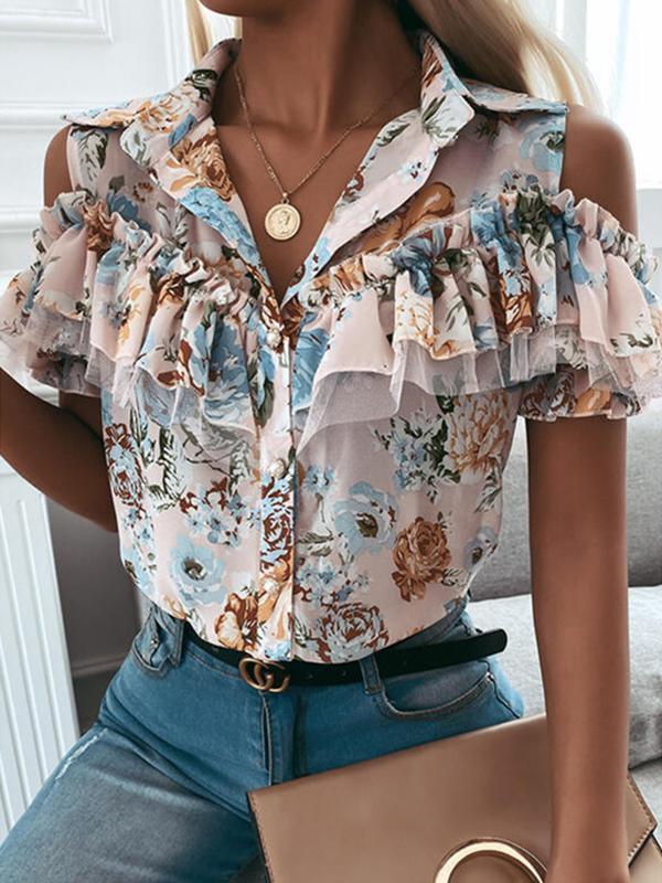 Fashion Women Turn down neck Ruffle off shoulder floral printed blouses