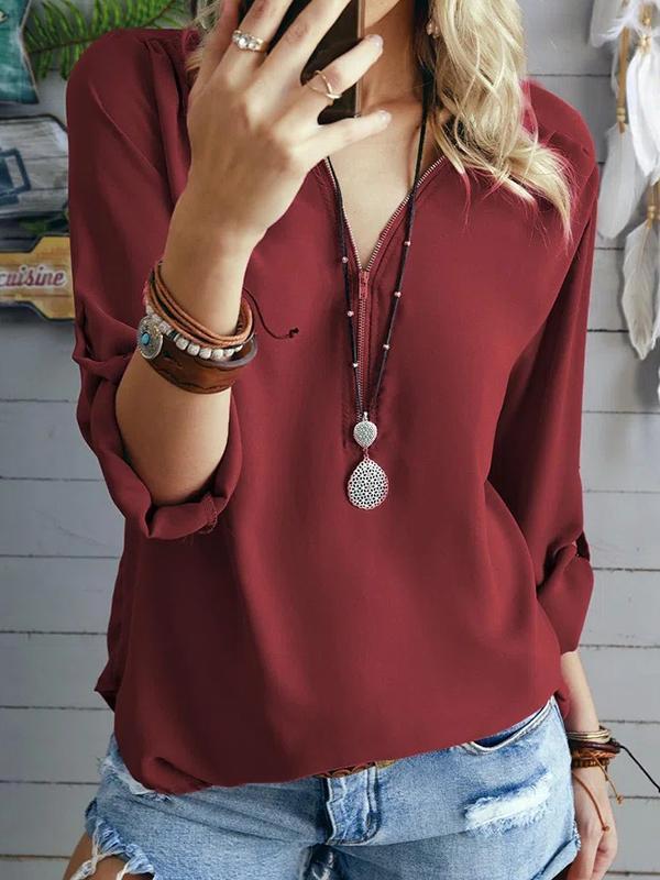 Fashion V neck chiffon zipper design plain long sleeve women blouses