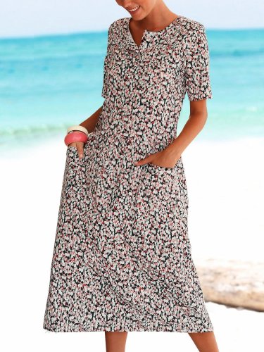 Floral Pockets Midi Dress Summer Short Sleeve Dresses