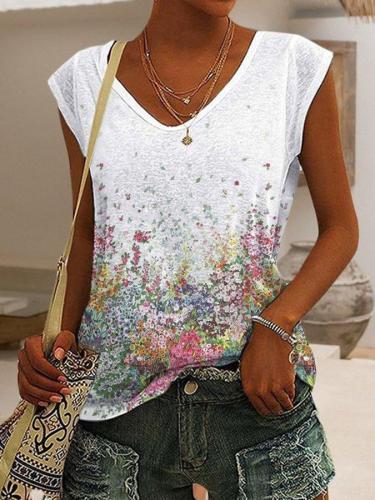 White Floral Cotton-Blend Sleeveless T-shirts