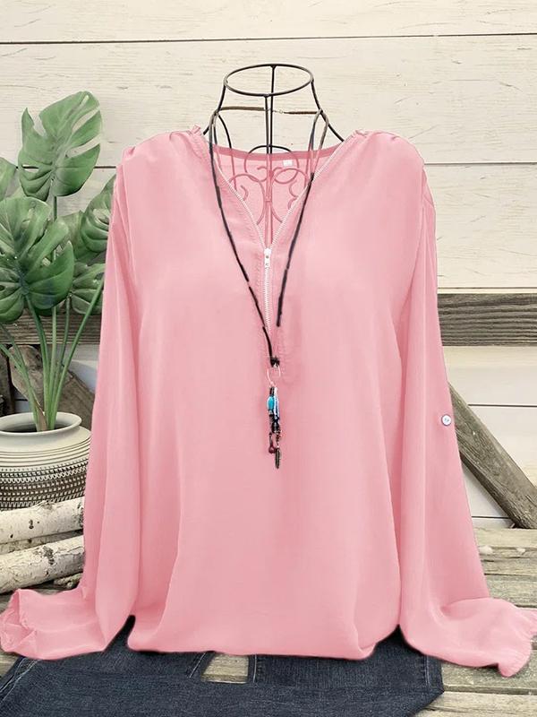 Fashion V neck chiffon zipper design plain long sleeve women blouses
