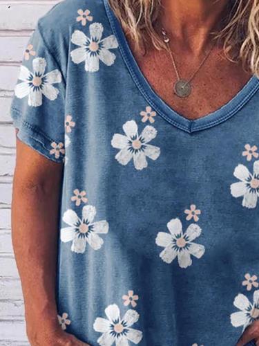 Beautiful flower  v neck short sleeve summer T-shirts