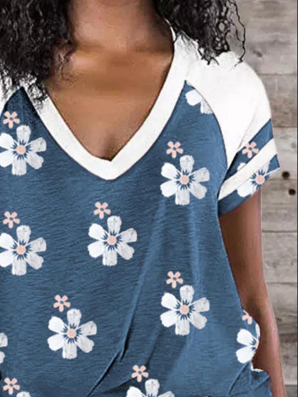 V neck women fashion printed flower T-shirts