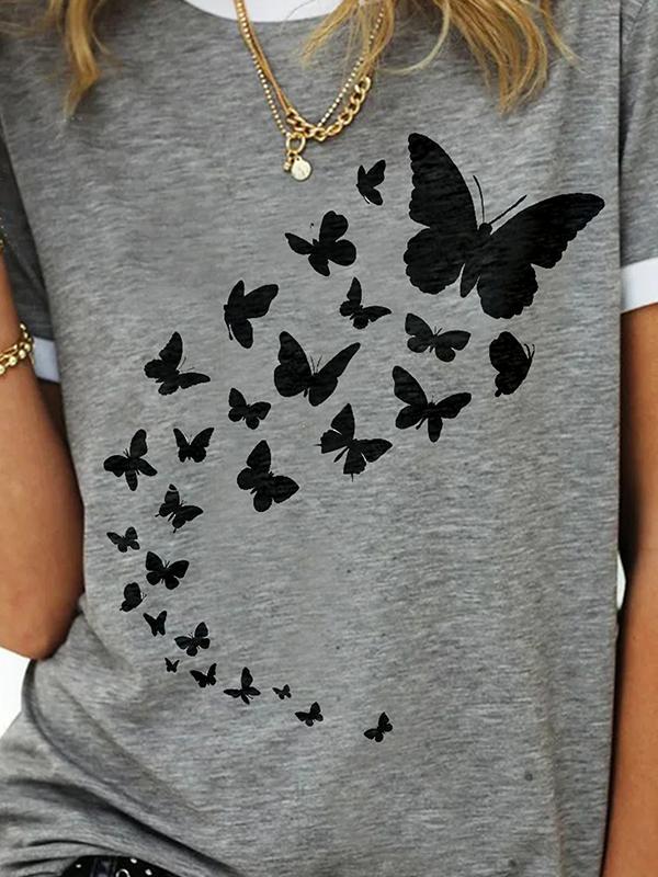 Butterfly printed round neck women summer gray T-shirts