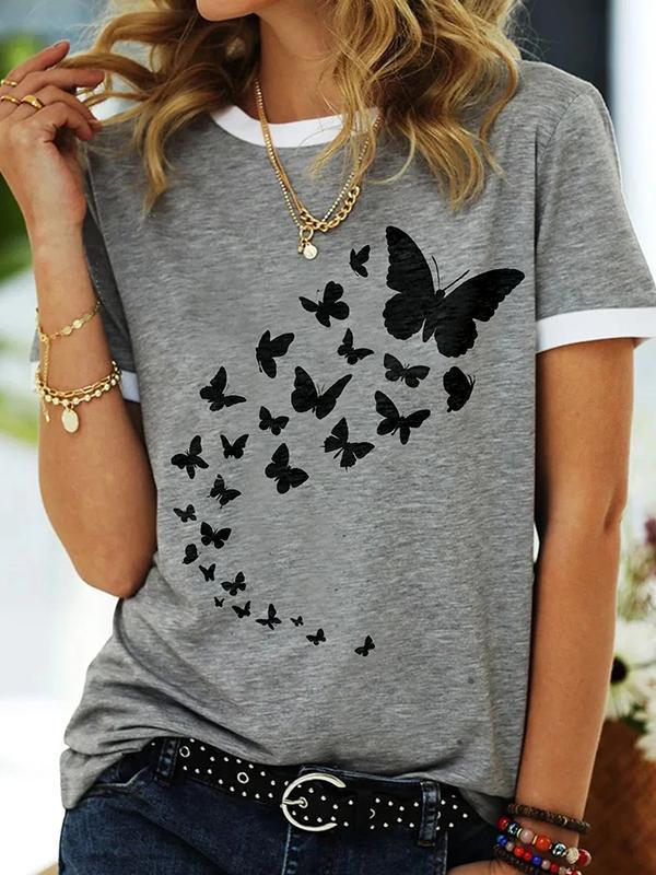 Butterfly printed round neck women summer gray T-shirts