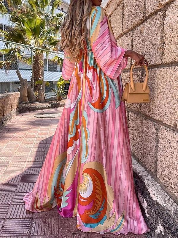 Romatic V neck printed special vacation dresses maxi dresses