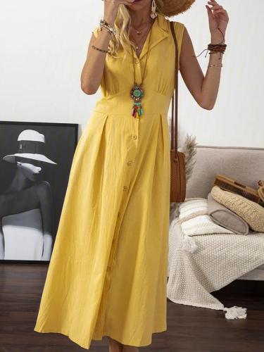 Lapel Women Midi Dresses A-Line Daily Vintage Cotton Maxi Dresses