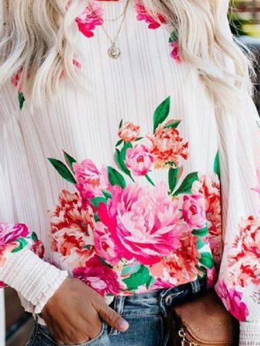 White Crew Neck Printed Floral Long Sleeve Shirts & Tops
