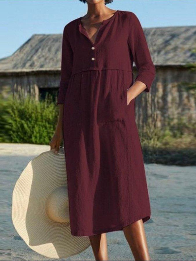 High-Twist Linen V Neck Solid Holiday Buttoned Dresses