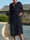 High-Twist Linen V Neck Solid Holiday Buttoned Dresses