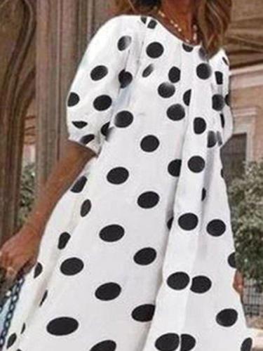 White Casual Printed Polka Dots Crew Neck Dresses