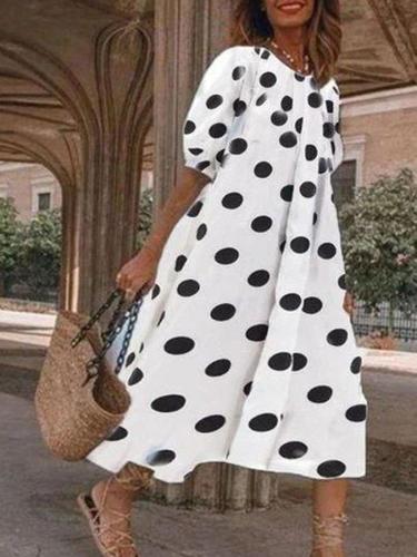 White Casual Printed Polka Dots Crew Neck Dresses