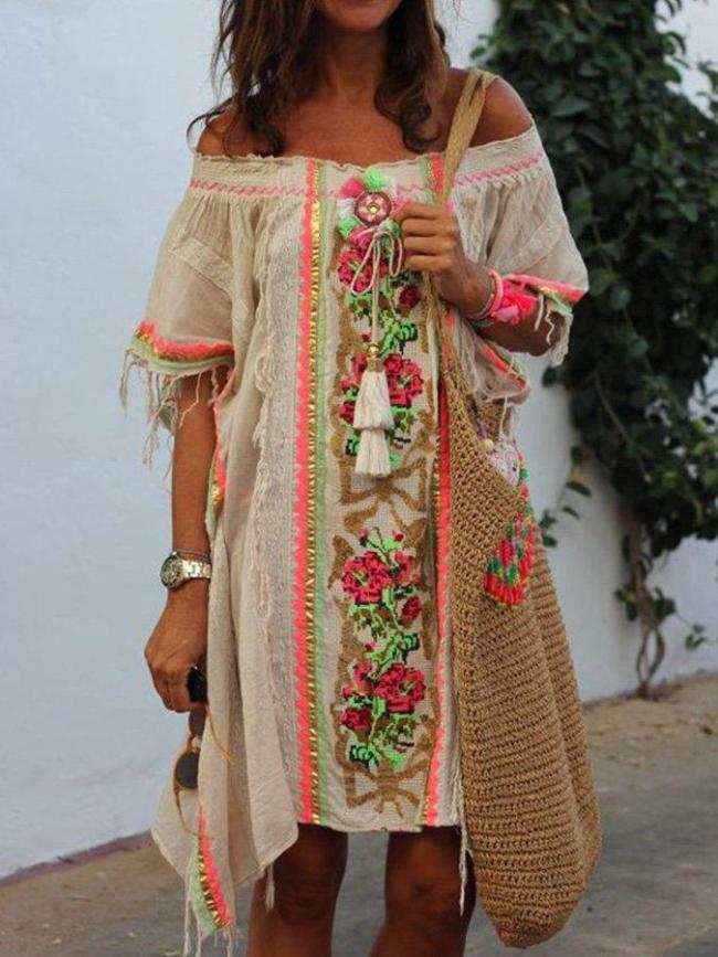 Casual Cotton-Blend Vintage Tribal Dresses