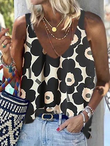Black Floral Casual Sleeveless Tops