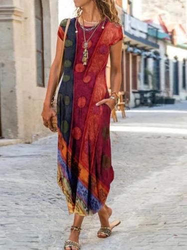 Round neck printed long dress with pockets maxi dresses