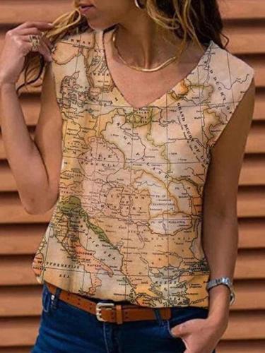 Women  v neck map printed sleeveless shirts fashion vests