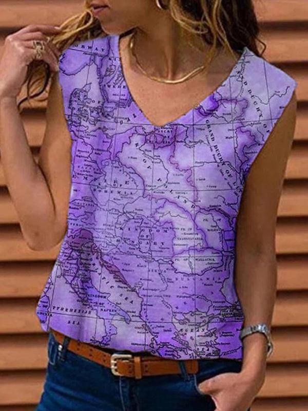 Women  v neck map printed sleeveless shirts fashion vests