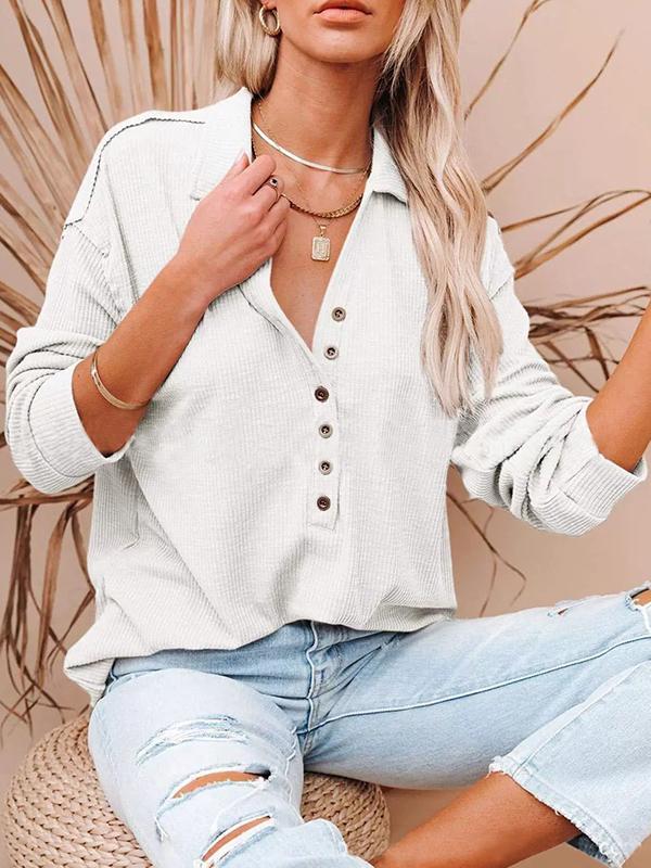 Casual v neck women button long sleeve plain blouses