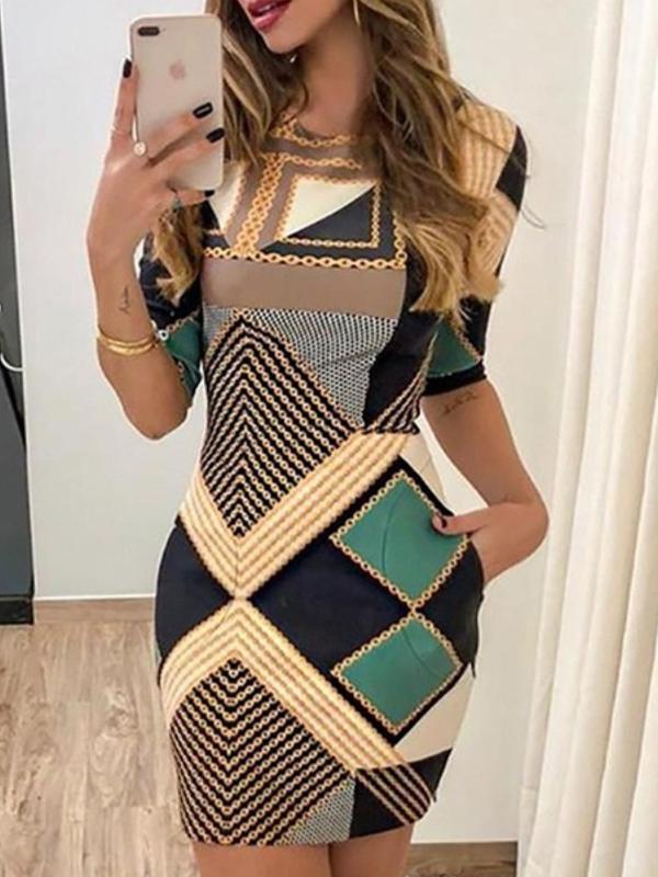 Round neck sexy special printed short sleeve bodycon dresses