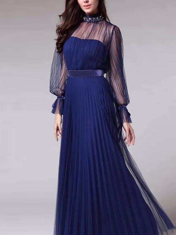 Elegant women  blue high neck long sleeve long dress evening dresses