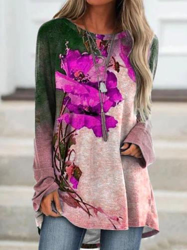 Autumn Round neck floral printed long sleeve long T-shirts