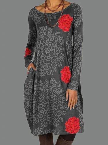 Deep Brown Cotton Floral Cocoon Long Sleeve Dresses