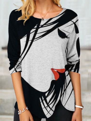 Cotton-Blend Casual Long Sleeve Abstract Shirts & Tops