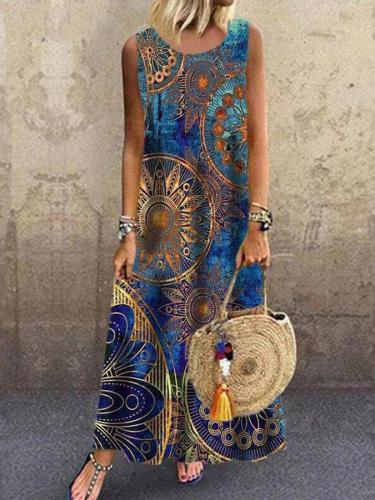 Blue Sleeveless Casual Printed Maxi Dresses summer maxi dresses for women