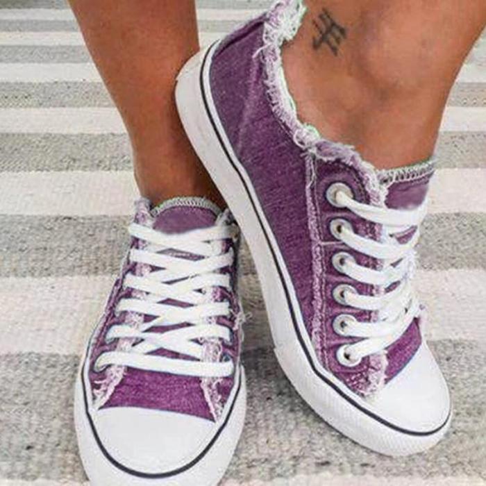 Women Comfy Canvas Lace Up Flat Heel Denim Sneakers