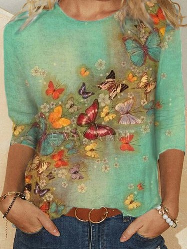 Crew Neck Long Sleeve Butterfly Print Shirts & Tops