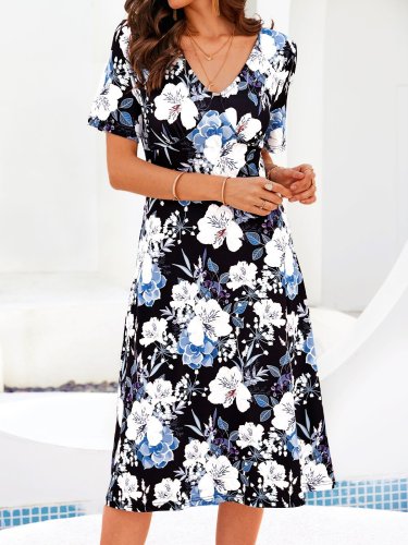 Short Sleeve Floral-Print Dresses