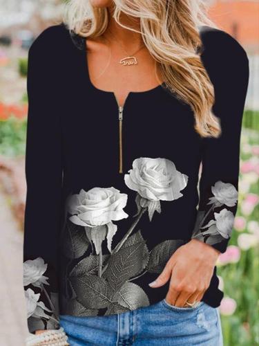 Women zipper neck floral printed long sleeve autumn blouses & tops