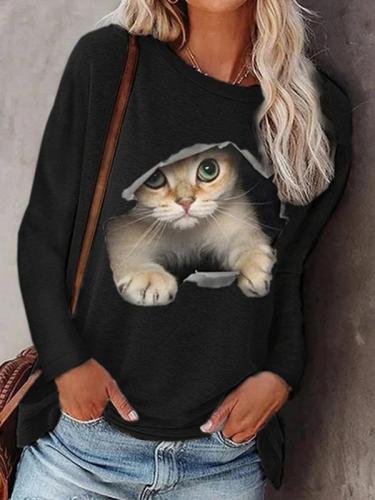 Fashion women's round neck pullover cat long sleeve T-shirts
