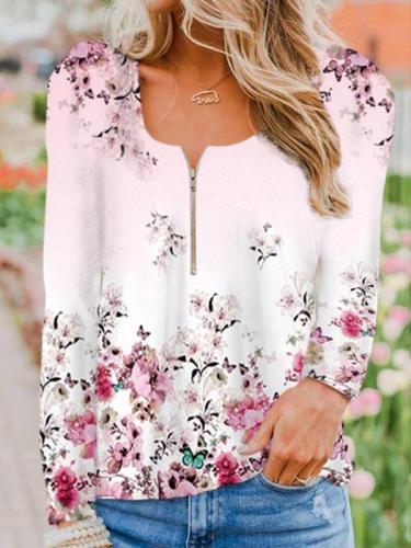 Women zipper neck floral printed long sleeve autumn blouses & tops