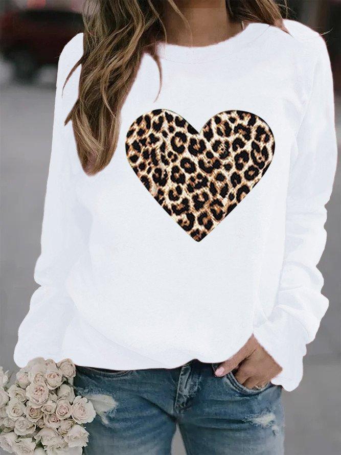Cotton-Blend Casual Leopard Printed Crew Neck Sweatshirt