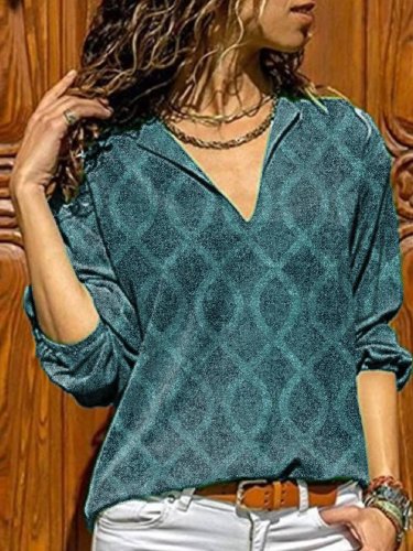 Geometric Casual Shawl Collar Long Sleeve Shirts & Tops