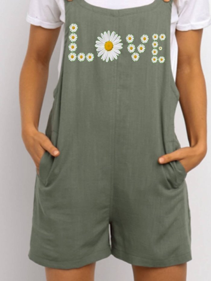 Green Cotton-Blend Casual Floral-Print One-Pieces