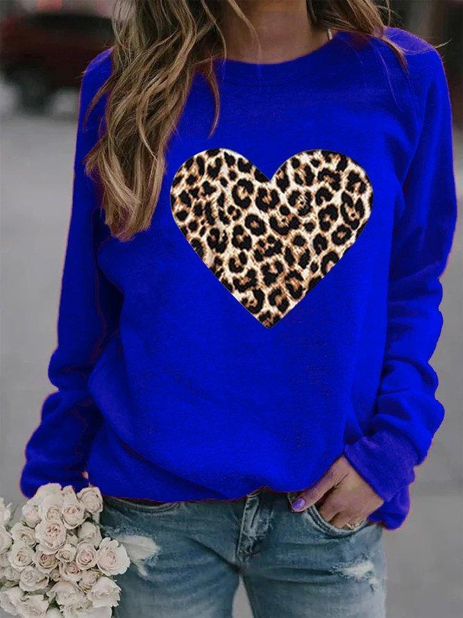 Cotton-Blend Casual Leopard Printed Crew Neck Sweatshirt