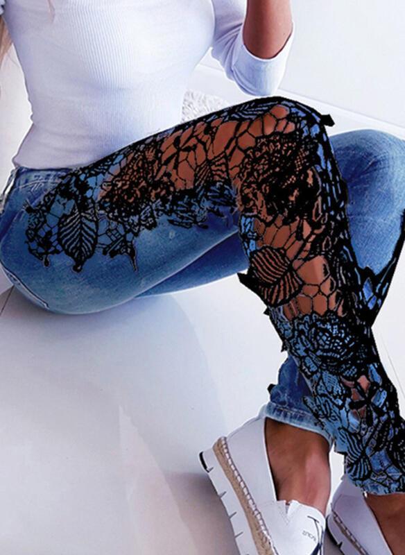 Cotton Denim Lace Long Casual Jacquard Pants Denim Jeans