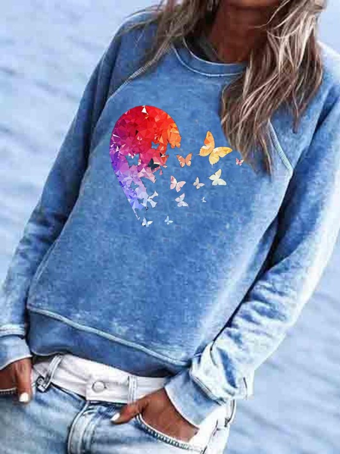 Cotton-Blend Long Sleeve Printed Crew Neck Shirts & Tops