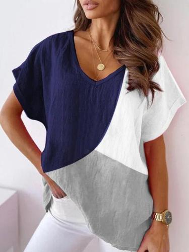 Summer color matching cotton blend short sleeve  V-neck shirt T-shirt tops