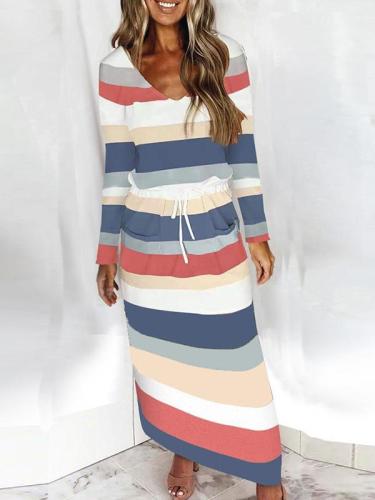 Fashion stripe v neck long sleeve tie waist long dress for women maxi dresses