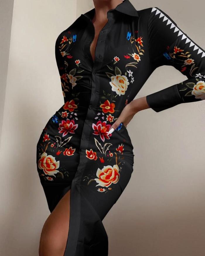 Turn down neck printed women button design shirt style bodycon dresses for working women