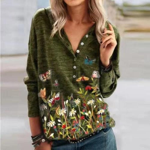 Women hoddied flower and butterfly printed long sleeve button T-shirts
