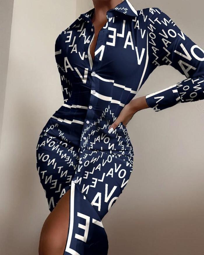 Turn down neck printed women button design shirt style bodycon dresses for working women